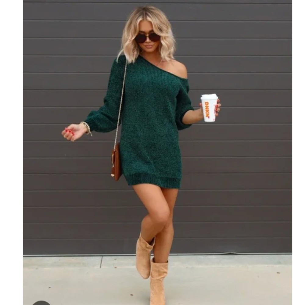 VICI Forest Green Chenille One Shoulder Knit Sweater Dress Women's Size‎ L